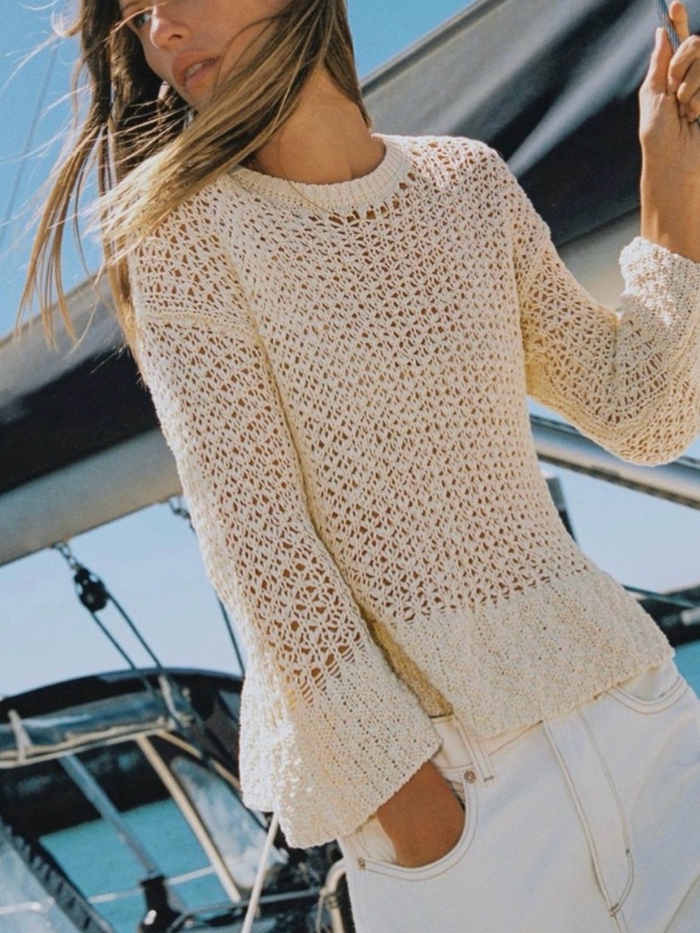 Zara Ruffled Crochet Knit Long-Sleeve Sweater